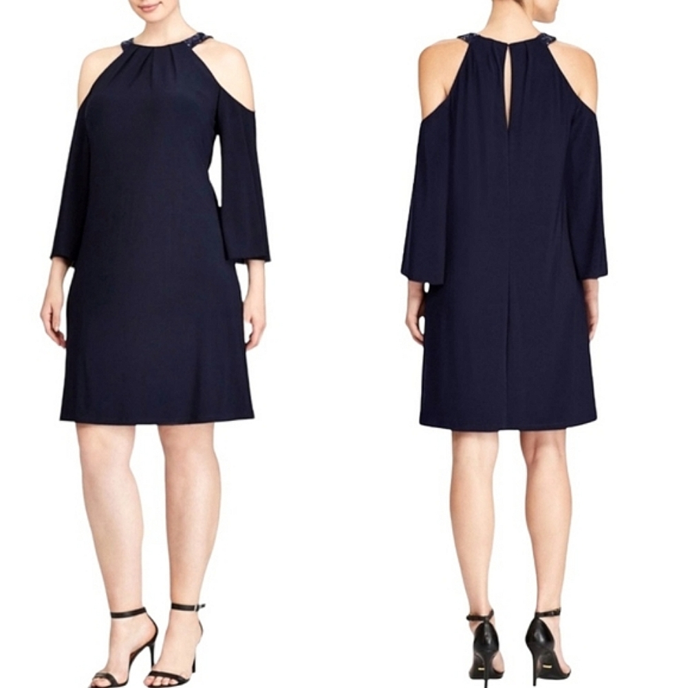 LAUREN Ralph Lauren Sequin Neck Cold Shoulder Formal Dress